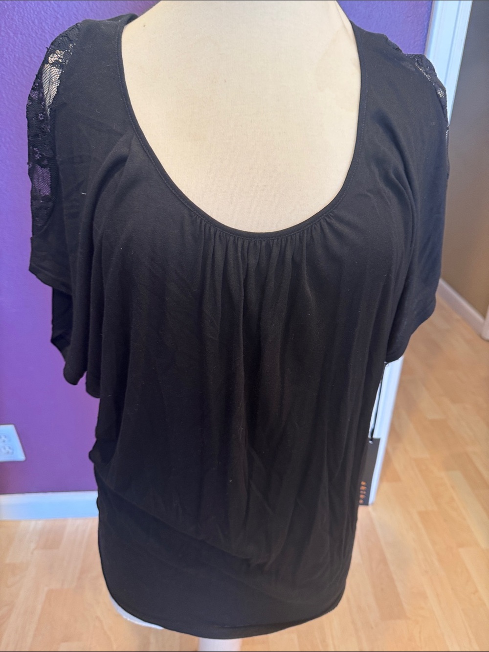 Akiko Black Scoop Neck Short Sleeve Top with Lace Shoulders